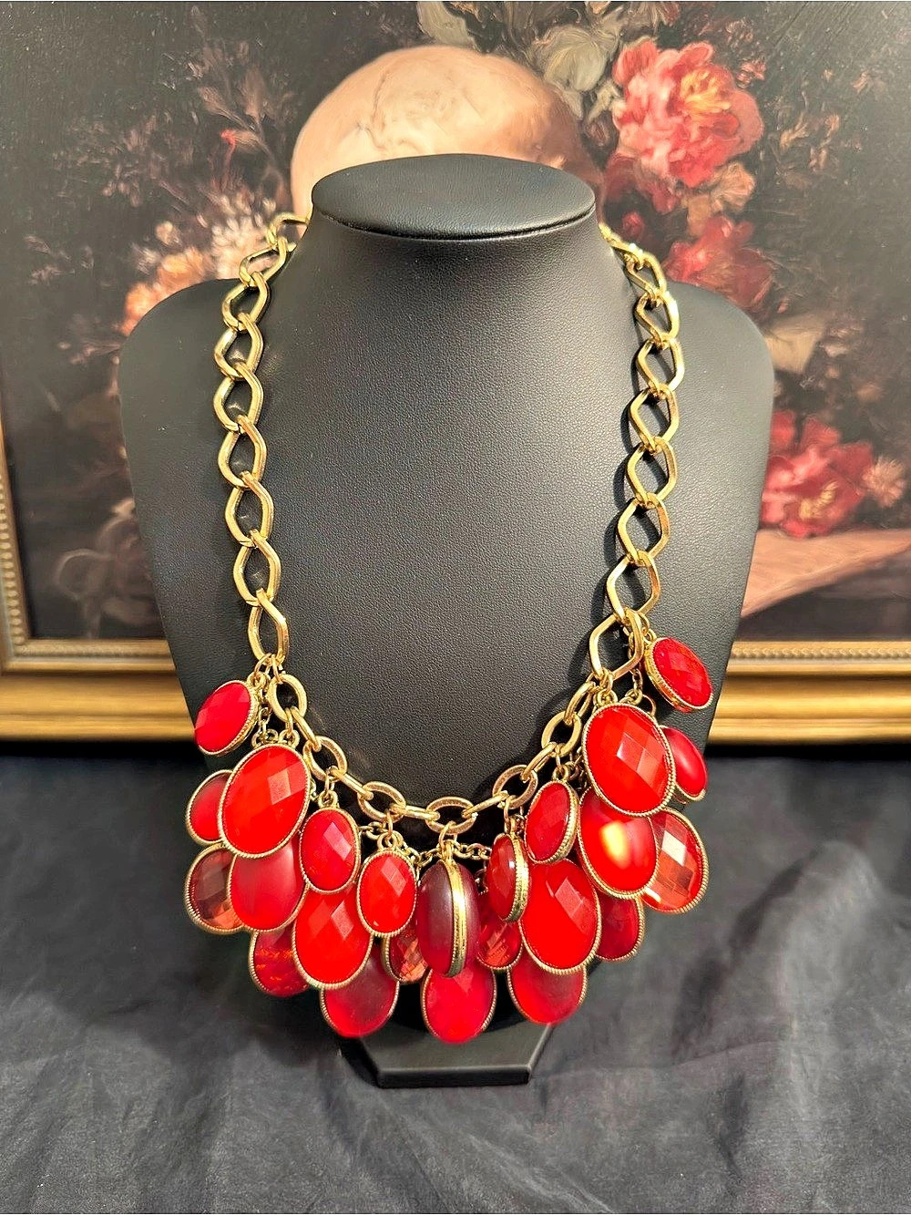 Vintage Red and Gold Toned Statement Bib Necklace